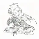 black destroyed dragon, crawling, spread wings, long tail, seen from above  tattoo design idea