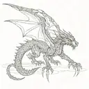 black destroyed dragon, crawling, spread wings, long tail, seen from above  tattoo design idea