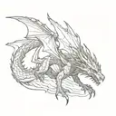 black destroyed dragon, crawling, spread wings, long tail, seen from above  tattoo design idea