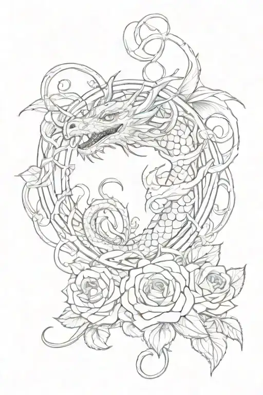 Dragon in roses and vines that make a heartagram and the number 13 tattoo design idea