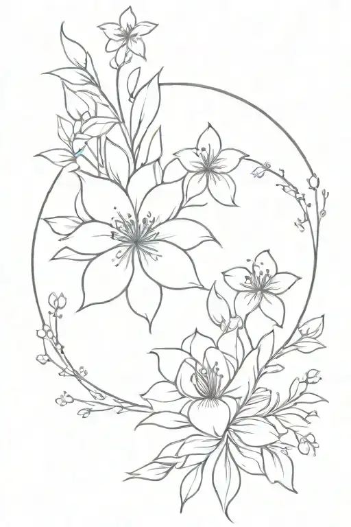 Birth flowers for May, July, March and September in bouquet with stars tattoo design idea