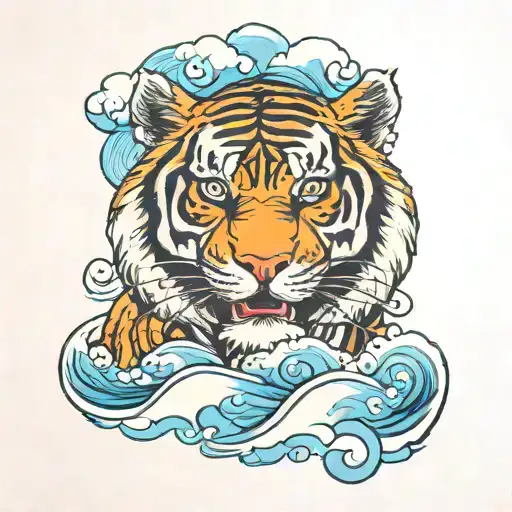 Irezumi tiger head emerging from waves and clouds tattoo design idea