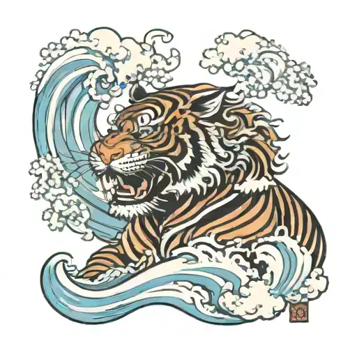 Irezumi tiger head emerging from waves and clouds tattoo design idea