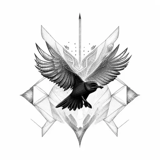 A dotwork design featuring a raven in flight, with its feathers transforming into barbells tattoo design idea