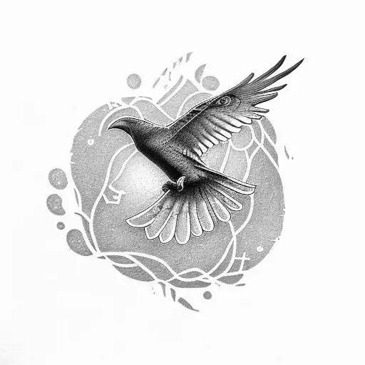 A dotwork design featuring a raven in flight, with its feathers transforming into barbells tattoo design idea