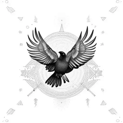 A dotwork design featuring a raven in flight, with its feathers transforming into barbells tattoo design idea