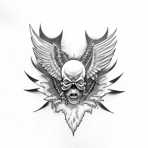 Raven feathers transforming into demon skulls tattoo design idea