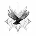 A dotwork design featuring a raven in flight, with its feathers transforming into barbells tattoo design idea