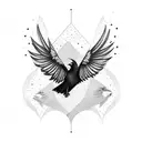 A dotwork design featuring a raven in flight, with its feathers transforming into barbells tattoo design idea