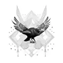 A dotwork design featuring a raven in flight, with its feathers transforming into barbells tattoo design idea