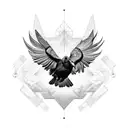 A dotwork design featuring a raven in flight, with its feathers transforming into barbells tattoo design idea