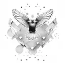 A dotwork design featuring a raven in flight, with its feathers transforming into barbells tattoo design idea