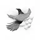 A dotwork design featuring a raven in flight, with its feathers transforming into barbells tattoo design idea