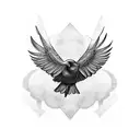 A dotwork design featuring a raven in flight, with its feathers transforming into barbells tattoo design idea