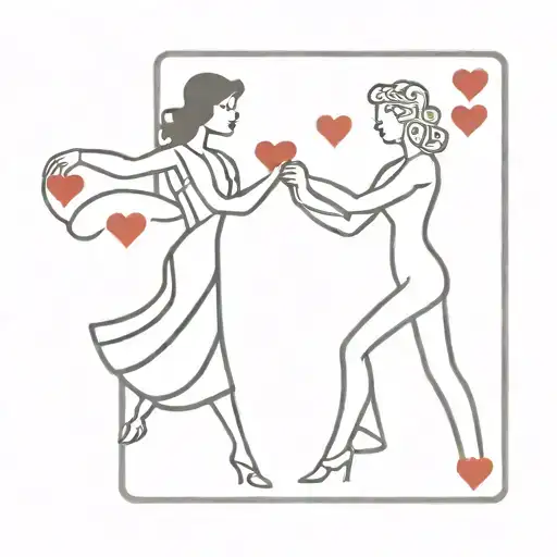 An ace of hearts playing card featuring two women ballroom dancing together. One young woman and one older woman. tattoo design idea