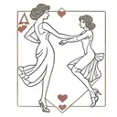 An ace of hearts playing card featuring two women ballroom dancing together. One young woman and one older woman. tattoo design idea