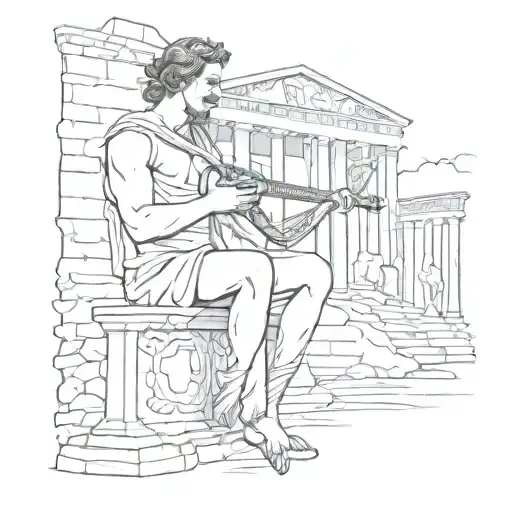 Design a sketch-style tattoo of Apollo playing the lyre with a backdrop of ancient Greek ruins tattoo design idea