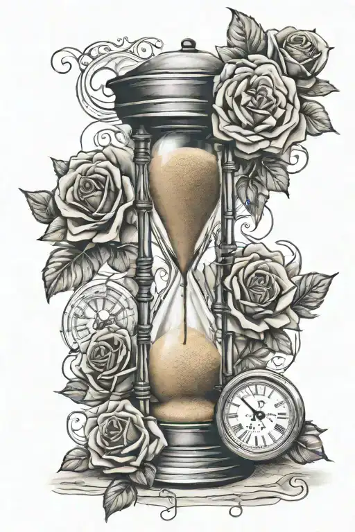sand clock and roses tattoo design idea