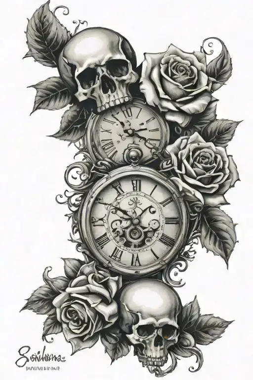 clock and skull and roses and  roman numerals tattoo design idea