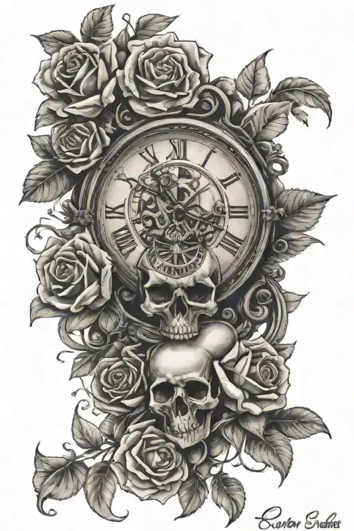 clock and skull and roses tattoo design idea