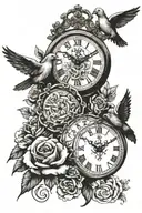 clock and dove and roses and roman numerals 86 tattoo design idea