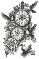 clock and dove and roses and roman numerals 86 tattoo design idea