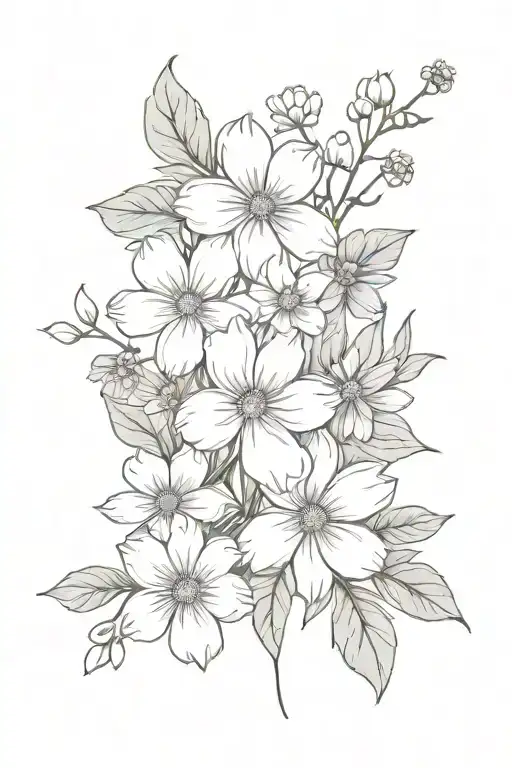 Violets, Daisys, Cosmos Holly bouquet tattoo design idea