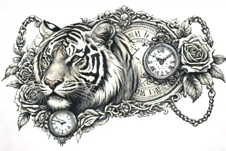tiger center upper back surrounded by roses and pocket watches tattoo design idea