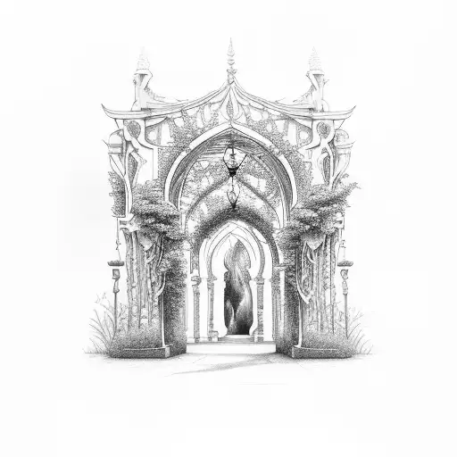 ethereal archway with wisteria growing tattoo design idea