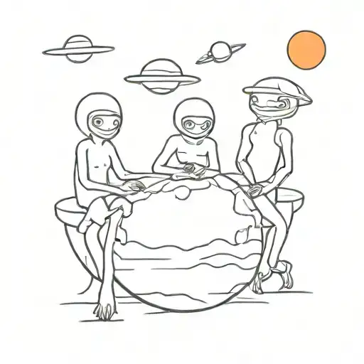 Earth, Mars, orange river, friends, aliens are sitting. tattoo design idea