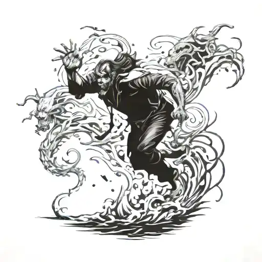 immortal man walking on water with demons attacking him  tattoo design idea
