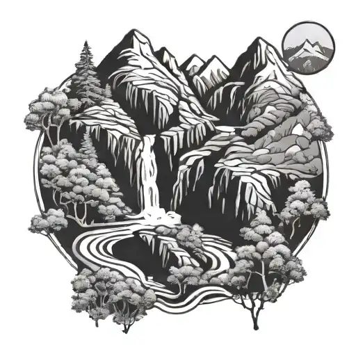 A detailed mountain landscape with winding trails and a hidden waterfall tattoo design idea