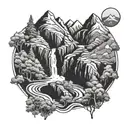 A detailed mountain landscape with winding trails and a hidden waterfall tattoo design idea