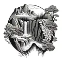 A detailed mountain landscape with winding trails and a hidden waterfall tattoo design idea