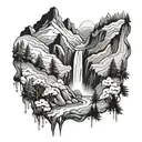 A detailed mountain landscape with winding trails and a hidden waterfall tattoo design idea