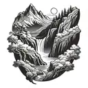 A detailed mountain landscape with winding trails and a hidden waterfall tattoo design idea