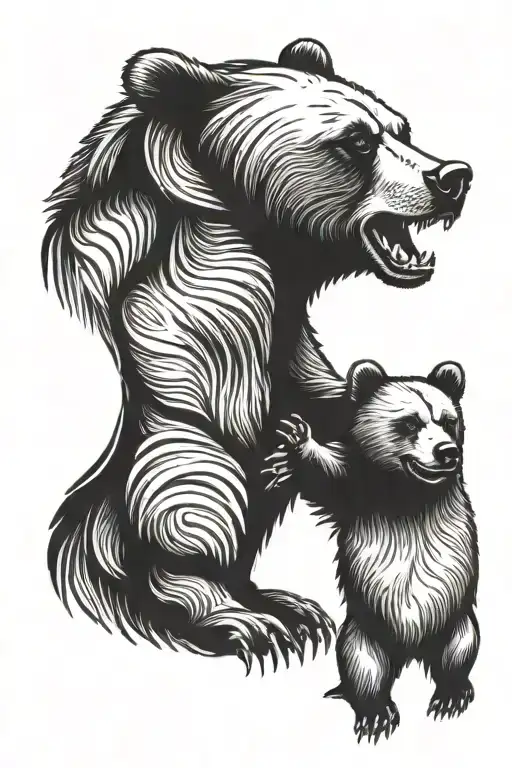 momma bear with baby bear roaring tattoo design idea