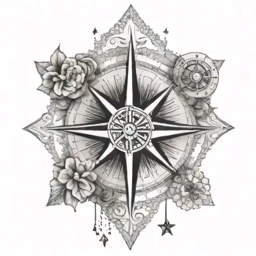 A compass rose with symbols representing Hawaii, Arizona, Montana, and Camino de Santiago tattoo design idea