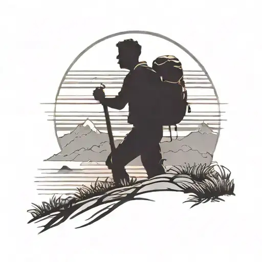 A silhouette of a hiker on a mountain trail  next to ocean with a sunset background tattoo design idea