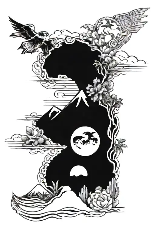 Aristotle element symbols, with hawaii surf, mountain forest, Cacti with Sun, and tornado drawn in symbols tattoo design idea