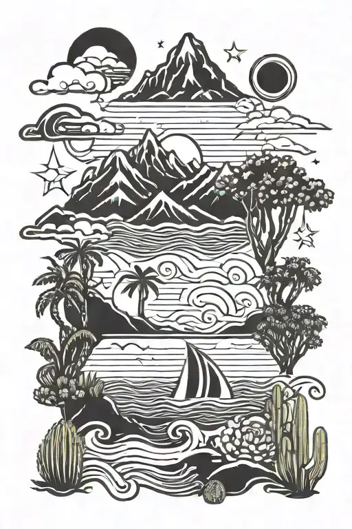 element symbols of hawaii surf, mountain forest, cacti with sun, and tornado drawn in the symbols.  tattoo design idea