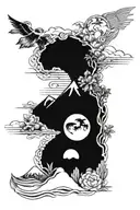 Aristotle element symbols, with hawaii surf, mountain forest, Cacti with Sun, and tornado drawn in symbols tattoo design idea