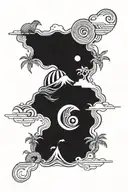 Aristotle element symbols, with hawaii surf, mountain forest, Cacti with Sun, and tornado drawn in symbols tattoo design idea