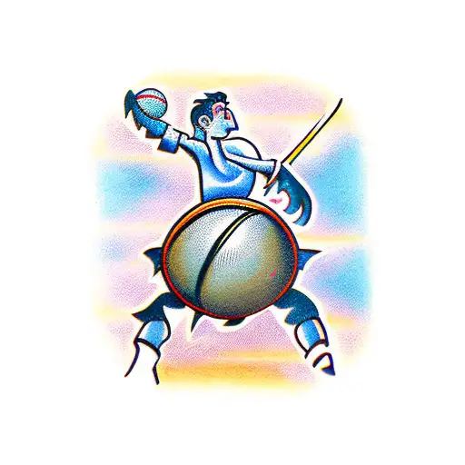 crazy humanoid basketball with two-handed sword tattoo design idea