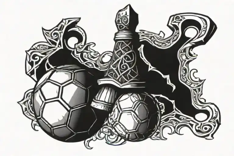 thors crown on soccer ball with thors hammer tattoo design idea