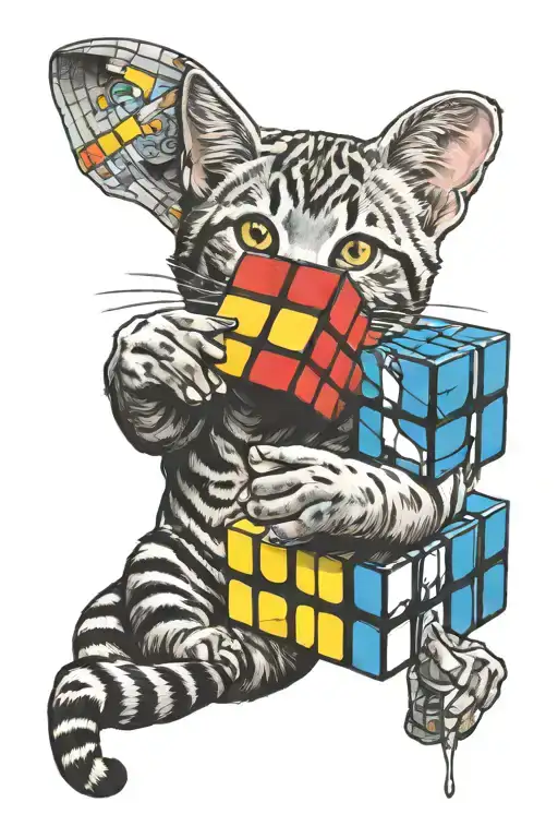 a tabby cat solving a rubiks cube tattoo design idea