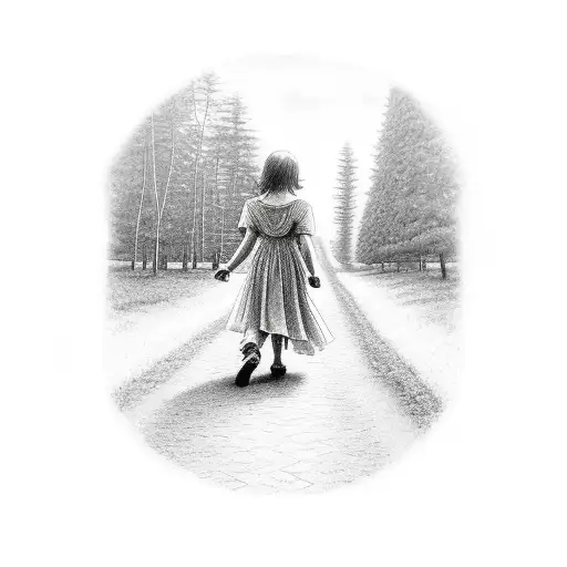 angel holding hand of a little child walking towards sunset on a path with trees and on the ground are placed books toys tattoo design idea