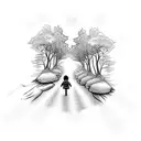 angel holding hand of a little child walking towards sunset on a path with trees and on the ground are placed books toys tattoo design idea