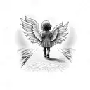 angel holding hand of a little child walking towards sunset on a path with trees and on the ground are placed books toys tattoo design idea