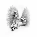 angel holding hand of a little child walking towards sunset on a path with trees and on the ground are placed books toys tattoo design idea